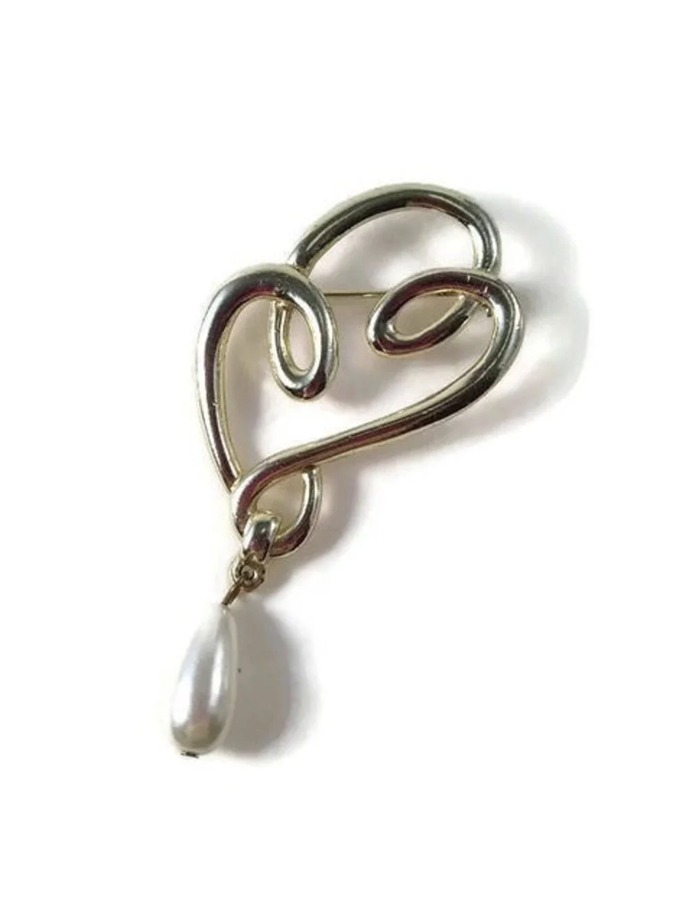 Vintage Gold Tone Swirl Abstract Brooch with Dangling Faux Teardrop Pearl.